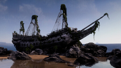 Old rotting wooden pirate ship wreck stranded on rocks by the sea. 3D illustration. - obrazy, fototapety, plakaty