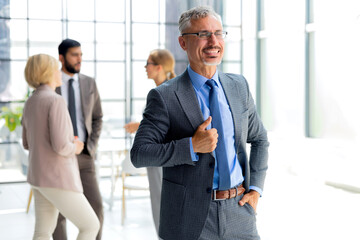 Fototapeta premium Smiling businessman with colleagues in the background in office.