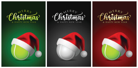Tennis balls and Santa Claus hat - Merry christmas Greeting Cards - vector design illustration Set of green - black - red Background