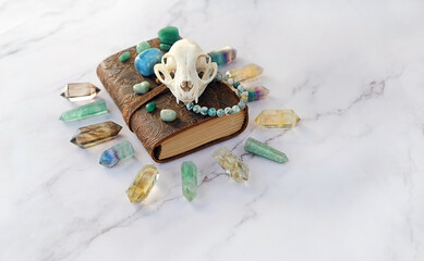 Gemstones minerals, animal skull and witch book on abstract marble background. Quartz Stones Set...