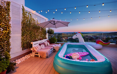 cozy rooftop patio with wooden pallet furniture, vertical garden and inflatable pool at warm summer evening - 551266607