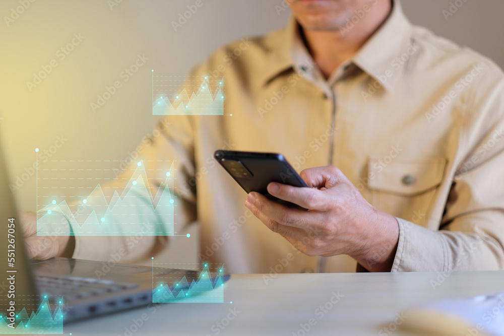 Poster analyst works with business analytics and a data management system to create a report. corporate fin