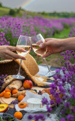 A man and a girl are holding glasses of wine on the background of a picnic in a lavender field.