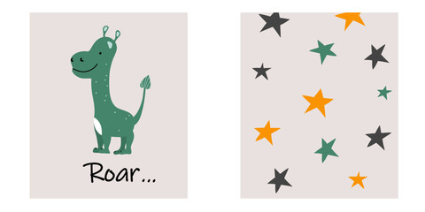 Posters with dinosaur and stars. Green predator. Vector stock illustration. hand drawn. Children's drawing. Roar
