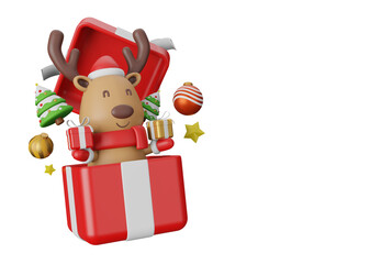 3d illustration Christmas with reindeer in a big red gift box