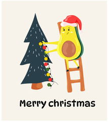 Christmas picture with an avocado that decorates the Christmas tree with toys. Vector stock illustration. Decoration. Holidays. Card