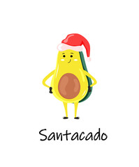 Avocado in santa hat. Vector stock illustration. Christmas and New Year. The vegetable is funny. Exotic. isolated