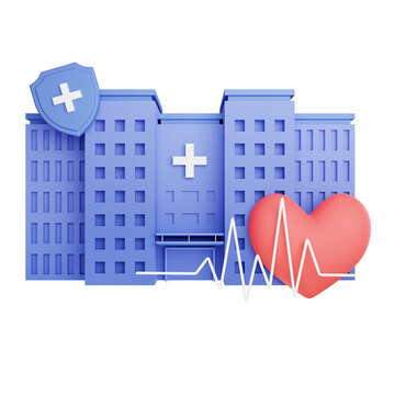 Medical Health Care Insurance Isolated Concept. Financial Service. Hospital Building, Ekg Signal And Protection Shield.