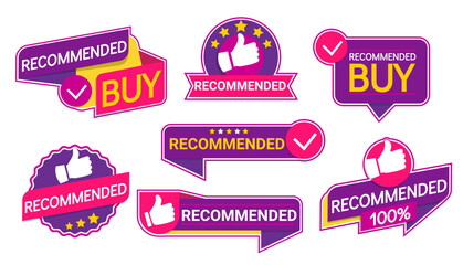 Set of recommend emblems, isolated icons with thumb up emblem as recommendation of best seller or good advice to buy and best choice with positive feedback. Bestseller stickers. Vector illustration.