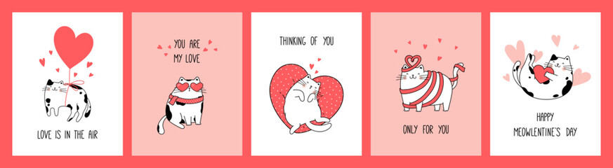 Hand drawn collection greeting cards and posters with cute cats for Valentine's Day