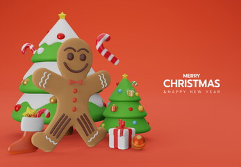3d illustration Merry Christmas and Happy New Year with big gingerbread cookie