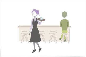 コーヒーを運ぶ女性店員　カフェ　イラスト