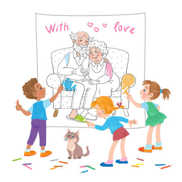 Children coloring a picture as a gift to grandparents. In cartoon style. Isolated on white background. Vector illustration.