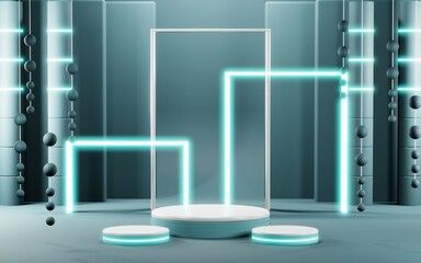 Fototapeta premium 3D render of Podium background in blue tones for displaying cream products. cosmetics