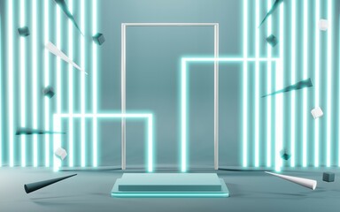 3D render of Podium background in blue tones for displaying cream products. cosmetics
