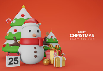 3d illustration Merry Christmas and Happy New Year with a big snow man