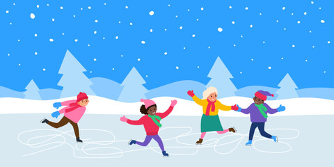 Fototapeta na wymiar happy children skating on ice rink winter holidays vector illustration
