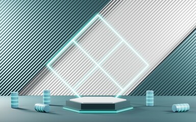 3D render of Podium background in blue tones for displaying cream products. cosmetics