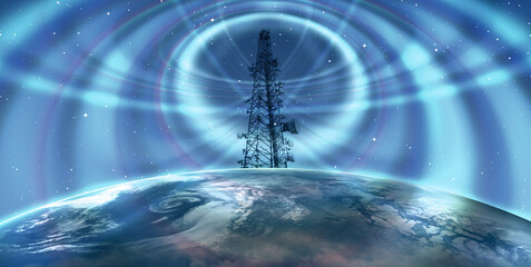 Antenna tower of telecommunication and Phone base station with TV and wireless internet antennas with planet earth "Elements of this image furnished by NASA "