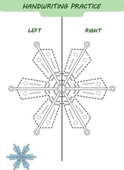 Draw and color a nowflake. Handwriting practice 
sheet for both hands, kids preschool activity, development children game, left and right hemispheres of the brain, vector illustration