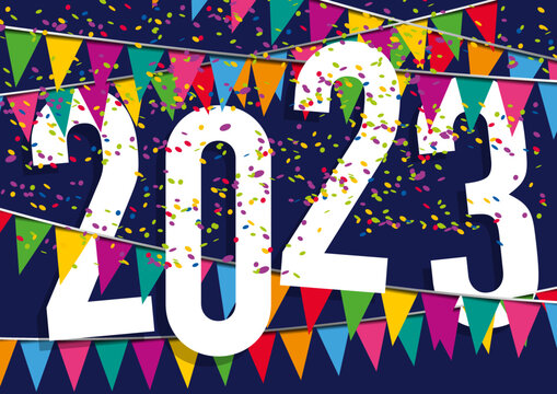 Carte de vœux 2023 dans une ambiance de fête, avec des fanions de couleurs et des cotillons pour fêter dans la joie la nouvelle année ou un anniversaire.