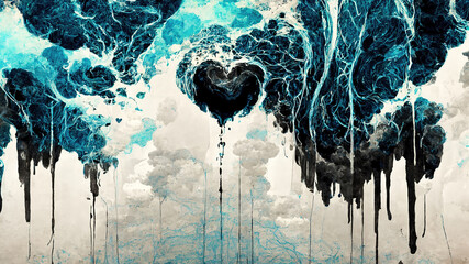 sad illustration of dark clouds and one heart crying, becoming tears