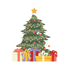 Decorated Christmas tree with gift boxes with ribbon bows, star, lights, decorative balls and lamps. Snowy tree with lots of gifts for greeting card. Merry Christmas and Happy New Year. Flat vector.