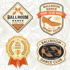 Ballroom dance sport club badge, logo, patch. Concept for shirt or logo, print, stamp or tee. Dance sport sticker with trophy cup, shoes for ballroom dancing silhouette. Vector illustration.