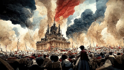 watercolored styled of the french revolution, a lot of people standing in front of a building