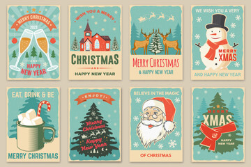 Set of Merry Christmas and Happy New Year poster, flyer, greeting cards. Set quotes with snowflakes, Santa Claus face and Catholic Church . Vector. Design for xmas, new year emblem.