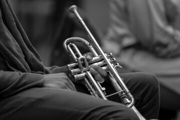 Close Up Of A Trumpet Player At Amsterdam The Netherlands 2019 In Black And White
