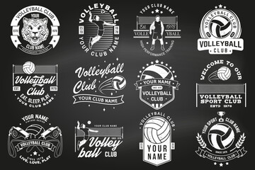 Set of volleyball club badge design on chalkboard. Vector illustration. For college league sport club emblem, sign, logo. Vintage monochrome label, sticker, patch with volleyball ball, player, net and - 551272857