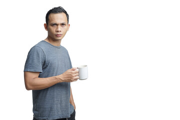 handsome asian man holding cup of coffee on isolated background