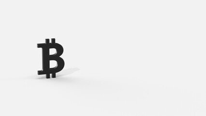 Black 3d bitcoin render minimalistic simple symbol design isolated on white background. Forex Trading concept. Currency 3D rendering Illustration. Copy space