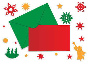 Template for Christmas and New Year with red blank paper and green envelope, angel, stars, snowflakes.