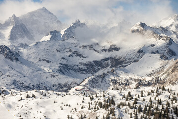 Aerial drone view of Madonna di Campiglio Trentino and ursus snowpark in Val Rendena dolomites Italy in winter