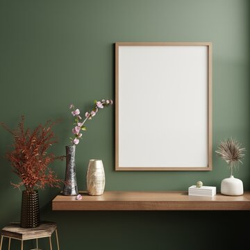 Frame mockup in dark green wall,Loft style.