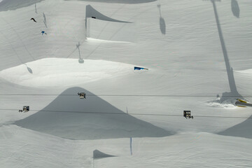 Aerial drone view of Madonna di Campiglio Trentino and ursus snowpark in Val Rendena dolomites...