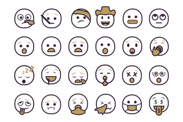 Set of emoticon smilley icons. Cartoon Emoji Set with smile, sad, happy, and flat emotion in two tone style