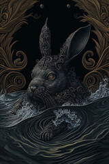 Black patterned rabbit in black water, black background, dark fantasy art, Year of the Black Water Rabbit, AI generated image