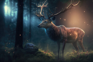 AI generated image of a lonely stag in the forest at dusk, lit by fireflies