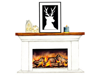 Watercolor illustration interior of living room with fireplace, decor. Clipart. Home decor elements on a white background.