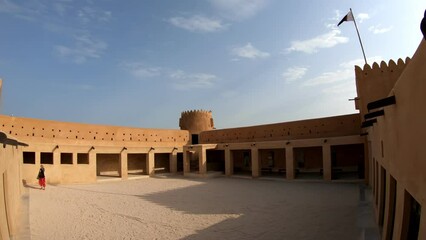 Zubarah, Qatar - February 2019:inside walls and open area of the old fortress, Al Zubara Fort, an ancient military stronghold in the desert of Middle East in Arabian Peninsula and Persian Gulf.