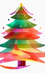 Digital watercolor painting - christmas tree with christmas celebration decorations, balls, star, lights and illumination. Art print. Holiday eve background design.