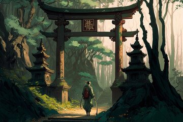 Torii, Japanese Gate, Torii Forest Background, Concept Art, Digital Illustration, Anime - obrazy, fototapety, plakaty