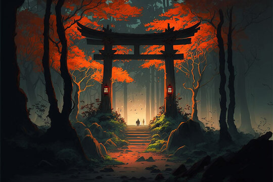 Torii, Japanese Gate, Torii Forest Background, Concept Art, Digital Illustration, Anime, Generative AI