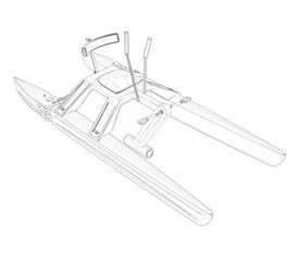 Outline of a catamoran with pedals from black lines isolated on a white background. Isometric view. 3D. Vector illustration.