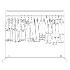 Outline of clothes on a hanger made of black lines isolated on a white background. Clothes hang in a row on a hanger. Side view. 3D. Vector illustration. - obrazy, fototapety, plakaty