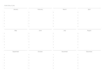 A year goal plan template with a simple and minimal style. Note, scheduler, diary, calendar planner document template illustration.