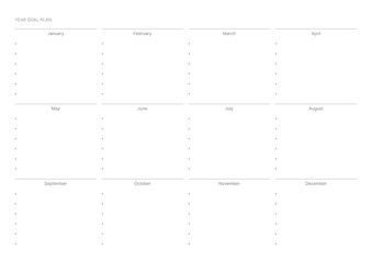 A year goal plan template with a simple and minimal style. Note, scheduler, diary, calendar planner document template illustration.